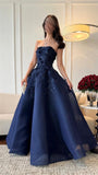Niulatu Ball Gown Strapless Navy Blue Satin Lace Long Evening Dress Prom Dresses HZ1110
