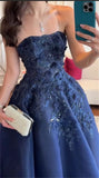 Niulatu Ball Gown Strapless Navy Blue Satin Lace Long Evening Dress Prom Dresses HZ1110