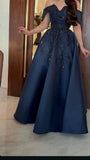 Niulatu A line Off The Shoulder Navy Blue Satin Lace Long Evening Dress Prom Dresses HZ1110