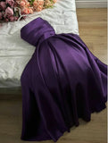 Niulatu A Line Strapless Grape Satin Evening Dress Prom Dresses With Ruffles HZ1110