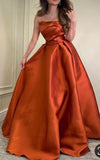 Niulatu A Line Strapless Burnt Orange Satin Evening Dress Prom Dresses With Ruffles HZ1110
