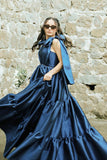 Niulatu A Line Straps Navy Blue Long Satin Evening Dress Prom Dresses With Ruffles HZ1110