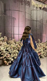 Niulatu A Line Straps Navy Blue Long Satin Evening Dress Prom Dresses With Ruffles HZ1110