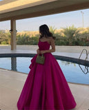 Niulatu A Line Strapless Hot Pink Long Satin Evening Dress Prom Dresses With Ruffles HZ1110