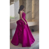Niulatu A Line Strapless Hot Pink Long Satin Evening Dress Prom Dresses With Ruffles HZ1110