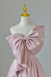 Niulatu A line One Shoulder Pink Satin Evening Dress Prom Dresses With Bow HZ1110