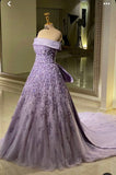 Niulatu Ball Gown Strapless Lilac Tulle Long Evening Dress Prom Dresses With Flowers HZ1110