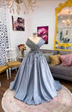 Niulatu Ball Gown V Neckline Light Sky Blue Satin Long Evening Dress Prom Dresses With Flowers HZ1110