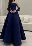 Niulatu A line Strapless Navy Blue Long Prom Dress Evening Dress With Gloves HZ1110