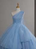 Niulatu Ball Gown One Shoulder Tulle Blue Long Prom Dress, Blue Long Evening Dress HZ1110