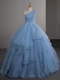 Niulatu Ball Gown One Shoulder Tulle Blue Long Prom Dress, Blue Long Evening Dress HZ1110