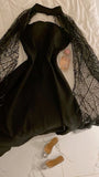 Niulatu A Line Strapless Black Long Prom Dress Evening Dress With Cape HZ1110