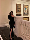 Niulatu Sheath Off The Shoulder Black Slit Long Sleeves Prom Dresses Birthday Outfits SD405