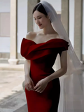 Niulatu Mermaid Off The Shoulder Satin Long Burgundy Prom Dresses HZ1110