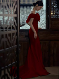 Niulatu Mermaid Off The Shoulder Satin Long Burgundy Prom Dresses HZ1110