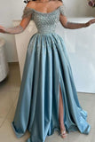 Niulatu A Line Off The Shoulder Blue Slit Beads Long Prom Dress Evening Dresses HZ1110