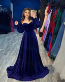 Niulatu A line Long Sleeves Royal Blue Velvet Prom Dress Long Evening Dress HZ1110