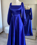 Niulatu A line Long Sleeves Royal Blue Satin Prom Dress Long Evening Dress HZ1110