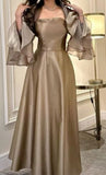 Niulatu A line Square Neckline Long Sleeves Chiffon Champagne Prom Dress Long Evening Dress HZ1110