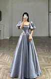 Niulatu A line Square Neckline Short Sleeves Silver Satin Prom Dresses Party Evening Dress HZ1110