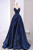 Niulatu A Line Sweetheart Navy Blue Satin Long Prom Dress Evening Dresses HZ1110