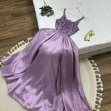 Niulatu A Line Spaghetti Straps Lilac Satin Long Prom Dress Evening Dresses HZ1110