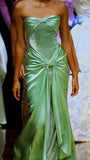 Niulatu Mermaid Strapless Green Satin Long Prom Dress Evening Dresses HZ1110