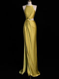 Niulatu A line Boat Neckline Gold Satin Prom Dresses Party Evening Dress HZ1110
