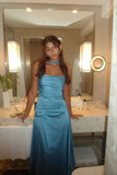 Niulatu Sheath Strapless Blue Satin Prom Dresses Party Evening Dress With Ribbon HZ1110