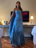 Niulatu Sheath Strapless Blue Satin Prom Dresses Party Evening Dress With Ribbon HZ1110