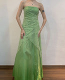 Niulatu A Line Strapless Green Tulle Ruffles Long Prom Dress Evening Dresses HZ1110