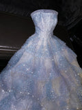 Niulatu A Line Strapless Light Sky Blue Tulle Sleeveless Prom Dress Evening Dresses HZ1110
