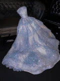 Niulatu A Line Strapless Light Sky Blue Tulle Sleeveless Prom Dress Evening Dresses HZ1110