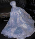 Niulatu A Line Strapless Light Sky Blue Tulle Sleeveless Prom Dress Evening Dresses HZ1110