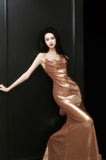 Niulatu Sheath Straps Sequin Gold Prom Dresses Party Evening Dress With Ruffles HZ1110