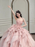 Niulatu Ball Gown Strapless Pink Long Prom Dresses Tulle Layers Evening Dress HZ1110