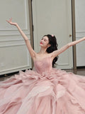 Niulatu Ball Gown Strapless Pink Long Prom Dresses Tulle Layers Evening Dress HZ1110