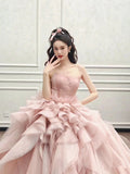 Niulatu Ball Gown Strapless Pink Long Prom Dresses Tulle Layers Evening Dress HZ1110