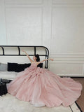 Niulatu Ball Gown Strapless Pink Long Prom Dresses Tulle Layers Evening Dress HZ1110