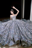 Niulatu Ball Gown Strapless Sequin Silver Long Prom Dresses Layers Evening Dress HZ1110