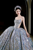 Niulatu Ball Gown Strapless Sequin Silver Long Prom Dresses Layers Evening Dress HZ1110
