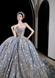 Niulatu Ball Gown Strapless Sequin Silver Long Prom Dresses Layers Evening Dress HZ1110