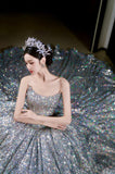 Niulatu Ball Gown Strapless Sequin Silver Long Prom Dresses Layers Evening Dress HZ1110