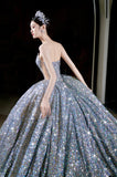 Niulatu Ball Gown Strapless Sequin Silver Long Prom Dresses Layers Evening Dress HZ1110