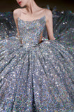 Niulatu Ball Gown Strapless Sequin Silver Long Prom Dresses Layers Evening Dress HZ1110