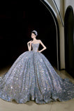 Niulatu Ball Gown Strapless Sequin Silver Long Prom Dresses Layers Evening Dress HZ1110