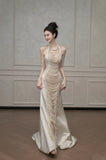 Niulatu Mermaid Halter Sleeveless White Satin Wedding Dresses With Pearls HZ1110