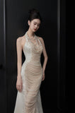 Niulatu Mermaid Halter Sleeveless White Satin Wedding Dresses With Pearls HZ1110