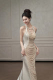 Niulatu Mermaid Halter Sleeveless White Satin Wedding Dresses With Pearls HZ1110