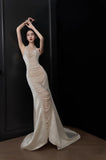 Niulatu Mermaid Halter Sleeveless White Satin Wedding Dresses With Pearls HZ1110